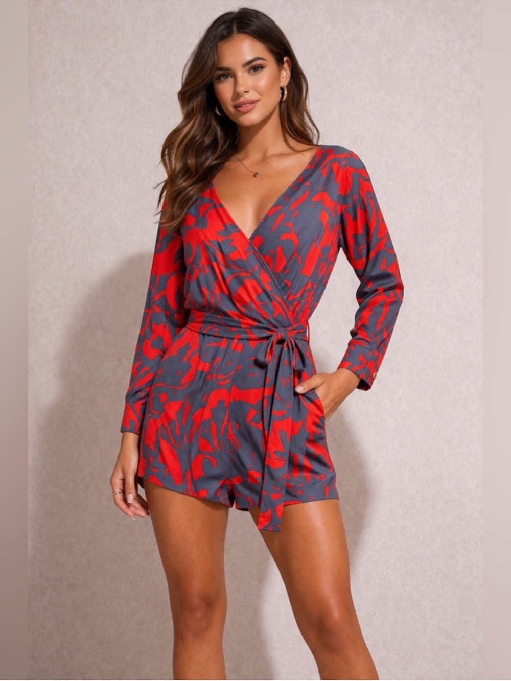 Diane Von Furstenberg Red and Gray Wrap Romper